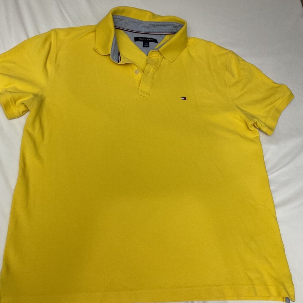 Tommy Hilfiger Mens Yellow Polo Shirt Size L Cotton Blend Short Sleeve Classic F